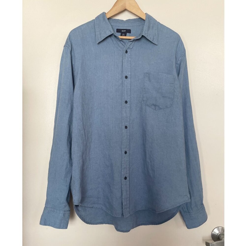 Vintage GAP 100% Linen Blue Button Down Shirt Mens Sz L
